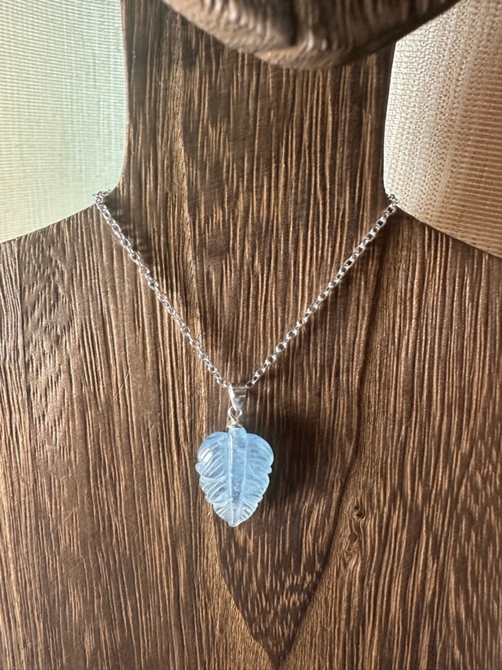 Small Aquamarine Leaf Pendant on Sterling Silver Bail and Silver Plated Chain - Picture 8 of 15
